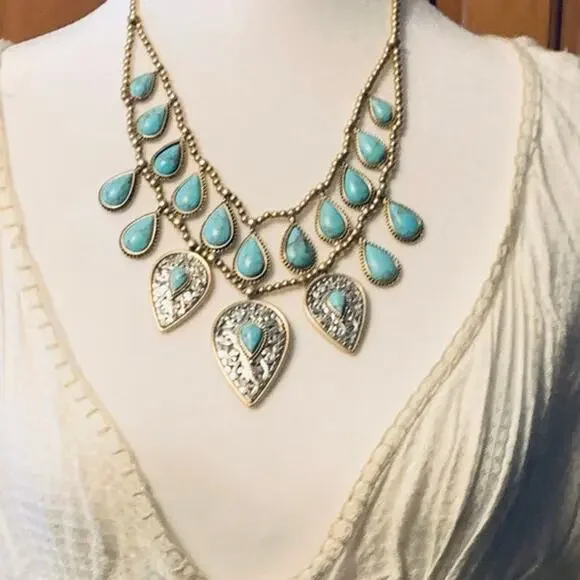 lucky brand gold tone turquoise two-row tear drop necklace - Picture 6 of 8